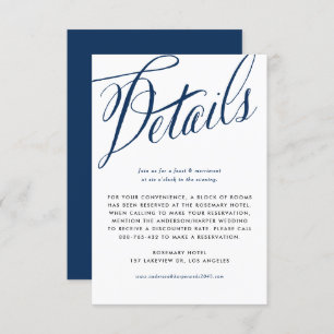 Navy Blue Rustic Calligraphy Trouwgegevens Informatiekaartje
