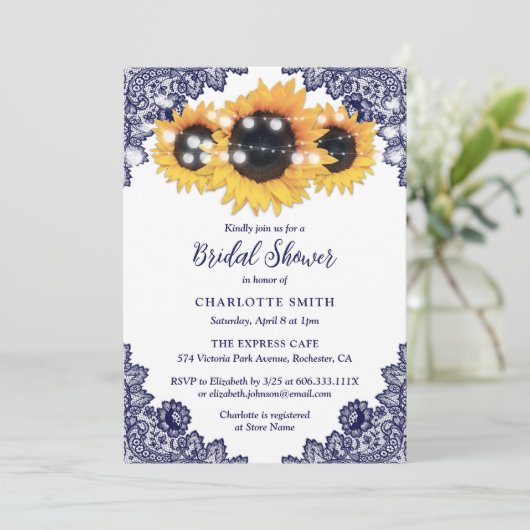 Navy Blue Rustic Chic Lace Sunflower Vrijgezellenf Kaart (Staand voorkant)