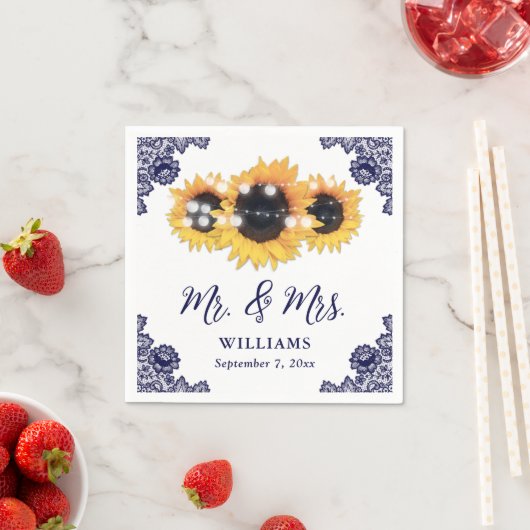 Navy Blue Rustic Chic Lace Sunflower Wedding Servet (Insitu)