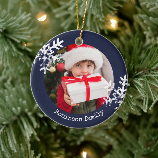 Navy Blue Rustic Circle Photo Ornament Snowflakes (Boom)