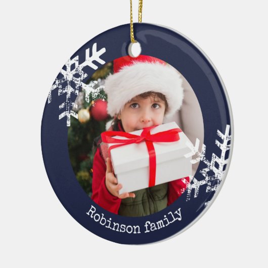 Navy Blue Rustic Circle Photo Ornament Snowflakes (Links)