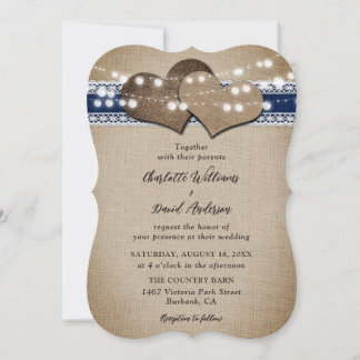 Navy Blue Rustic Country Burlap Lace Wedding Kaart
