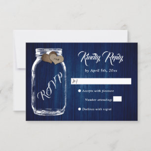 Navy Blue Rustic Country Wood Mason Jar Wedding RSVP Kaartje