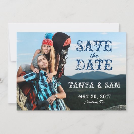 Navy Blue Rustic Photo Save the Date (Voorkant)