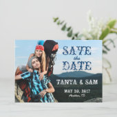 Navy Blue Rustic Photo Save the Date (Staand voorkant)