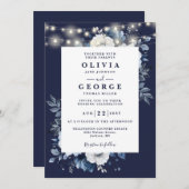 Navy Blue Rustic String Lights Bloemen Huwelijk Kaart (Voorkant / Achterkant)