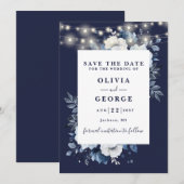 Navy Blue Rustic String Lights Bloemen Huwelijk Save The Date (Voorkant / Achterkant)