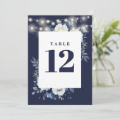Navy Blue Rustic String Lights Bloemen Tafelnummer (Staand voorkant)