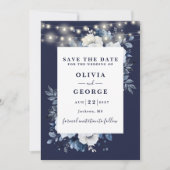 Navy Blue Rustic String Lights Bloemenfoto Save The Date (Voorkant)