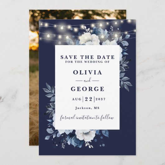 Navy Blue Rustic String Lights Bloemenfoto Save The Date (Voorkant / Achterkant)