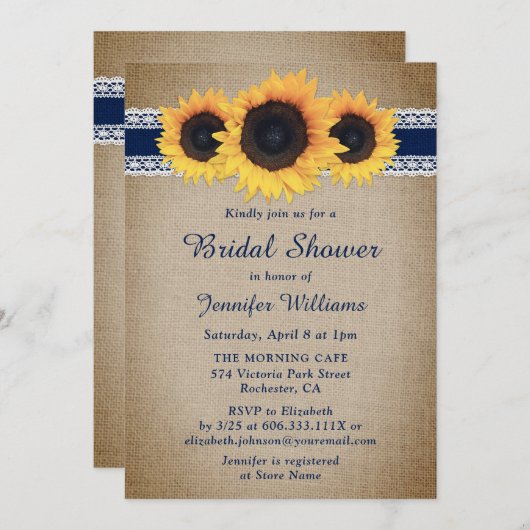 Navy Blue Rustic Sunflower Vrijgezellenfeest Kaart (Voorkant / Achterkant)