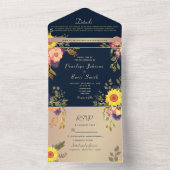 Navy Blue Rustic Sunflower Wedding All In One Uitnodiging (Binnen)