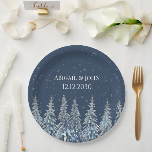 Navy Blue Rustic Winter Forest Wedding Papieren Bordje (Huwelijk)