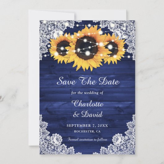 Navy Blue Rustic Wood Lace String Lights Save The Date (Voorkant)