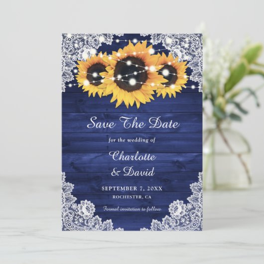 Navy Blue Rustic Wood Lace String Lights Save The Date (Staand voorkant)