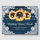 Navy Blue Rustic Wood Lace Sunflower Weddenschap Gastenboek (Voorkant)