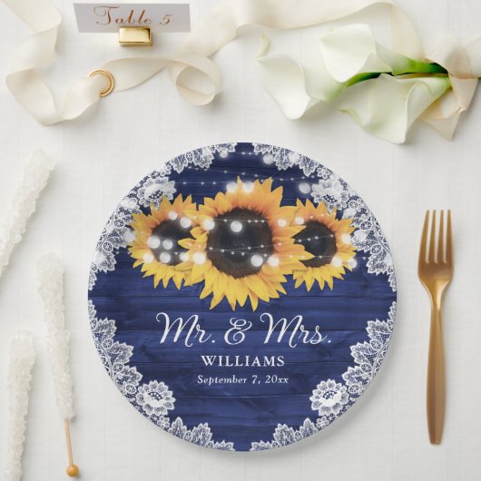 Navy Blue Rustic Wood Lace Sunflower Weddenschap Papieren Bordje (Huwelijk)