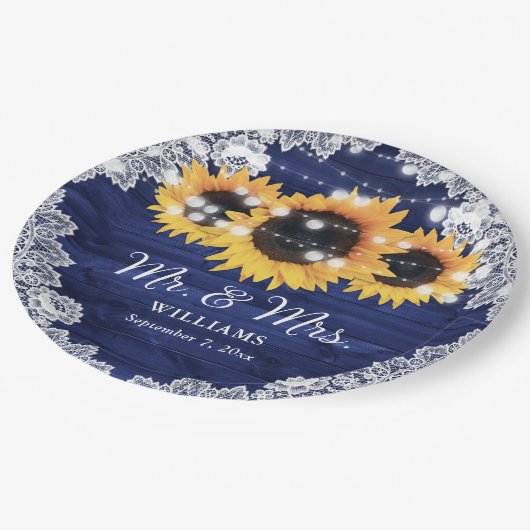 Navy Blue Rustic Wood Lace Sunflower Weddenschap Papieren Bordje (Gekanteld)