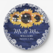 Navy Blue Rustic Wood Lace Sunflower Weddenschap Papieren Bordje (Voorkant)