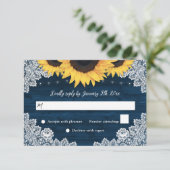 Navy Blue Rustic Wood Lace Sunflower Wedding RSVP (Staand voorkant)