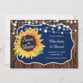 Navy Blue Rustic Wood Licht Zonnebloembruiloft Save The Date (Voorkant)