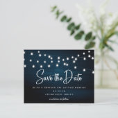 Navy Blue Rustic Wood String Lights bewaren de dat Briefkaart (Staand voorkant)