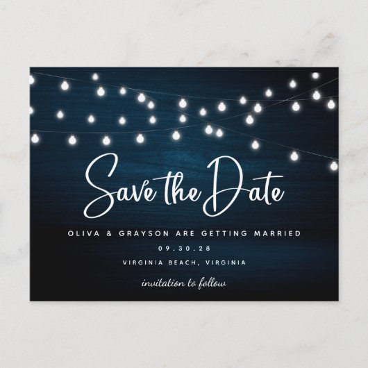Navy Blue Rustic Wood String Lights bewaren de dat Briefkaart (Voorkant)