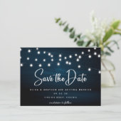 Navy Blue Rustic Wood String Lights Foto Save The Date (Staand voorkant)