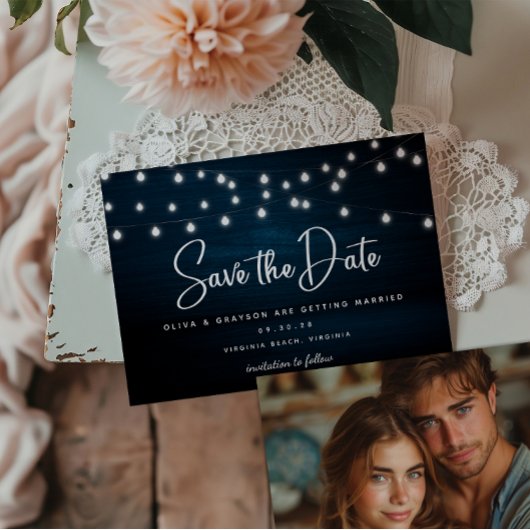 Navy Blue Rustic Wood String Lights Foto Save The Date