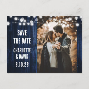 Navy Blue Rustic Wood String Lights Trouwfoto Aankondigingskaart