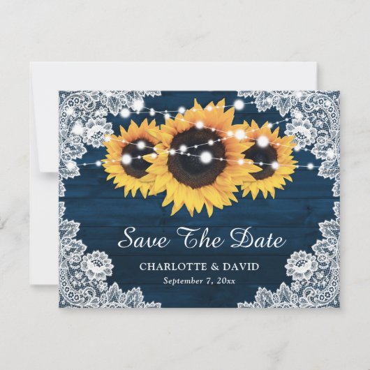 Navy Blue Rustic Wood Sunflower Wedding Aankondiging (Voorkant)