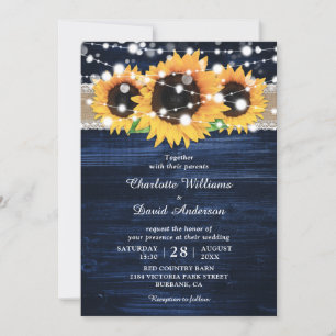 Navy Blue Rustic Wood Sunflower Wedding Kaart