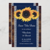 Navy Blue Rustic Wood Sunflower Wedding Save The Date (Voorkant / Achterkant)
