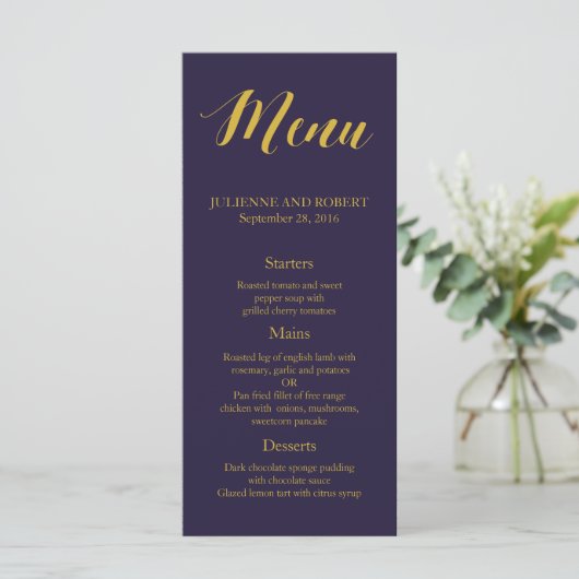 Navy Blue rustieke chique bruiloft menu (Staand voorkant)