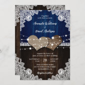 Navy Blue rustieke houten jute en kanten bruiloft Kaart (Voorkant / Achterkant)