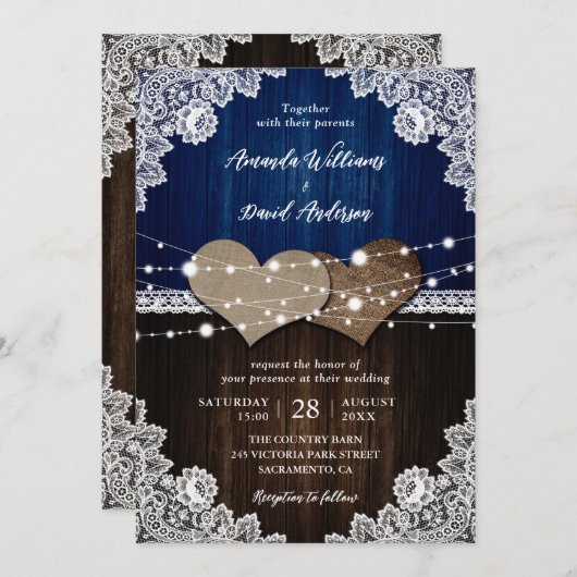 Navy Blue rustieke houten jute en kanten bruiloft Kaart (Voorkant / Achterkant)