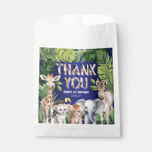 Navy Blue Safari oerwoud dieren, Verjaardag Bedank Bedankzakje (Voorkant)