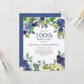 Navy Blue Sage Green Floral 100th Birthday Party Kaart (Voorkant / Achterkant in situ)