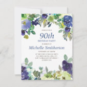 Navy Blue Sage Green Floral 90th Birthday Party Kaart (Voorkant)