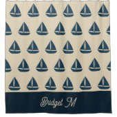 navy blue sailboat & Monogram Beige Coastal home Douchegordijn (Voorkant)