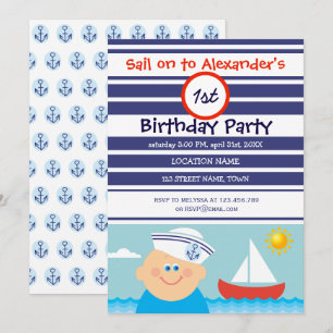 Navy Blue Sailor Boy en Sailboat First Birthday Kaart