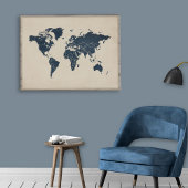 Navy Blue Sand Beige Wereldkaart Poster