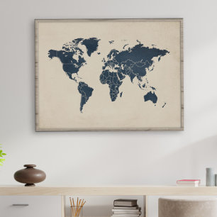 Navy Blue Sand Beige Wereldkaart Poster
