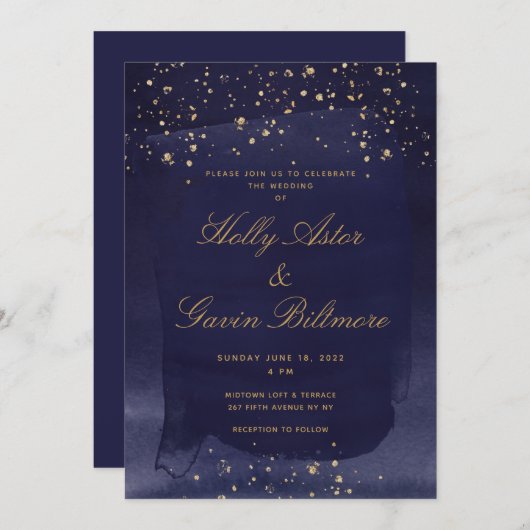 Navy Blue Sapphire & Gold Wedding Invitation Kaart (Voorkant / Achterkant)