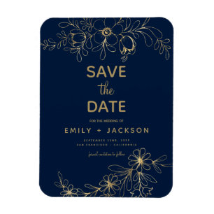 Navy Blue Save the Date Floral Gold Foil Magneet