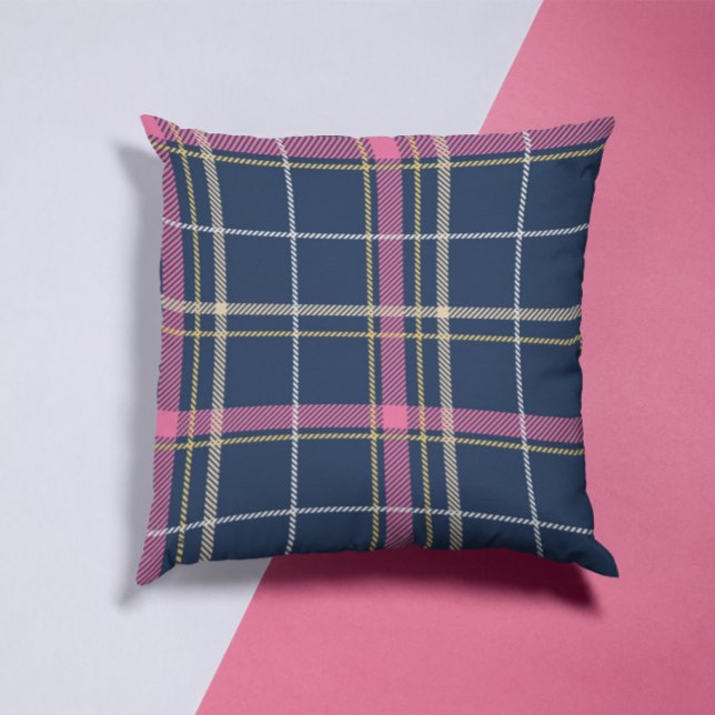 Navy Blue Scottish Tartan Pset Pink White Stripe Kussen (Creator heeft geüpload)