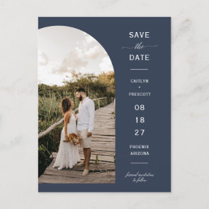 Navy Blue Script Arch Photo QR Code Save the Date Briefkaart