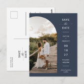 Navy Blue Script Arch Photo QR Code Save the Date Briefkaart (Voorkant / Achterkant)
