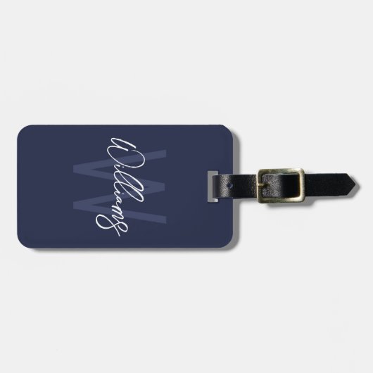 Navy Blue Script - Gepersonaliseerd monogram en na Bagagelabel (Voorkant horizontaal)