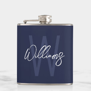 Navy Blue Script - Gepersonaliseerd monogram en na Heupfles